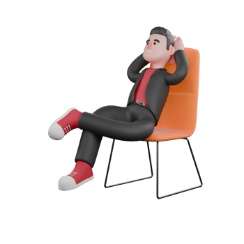 Dance Creator 3D Cartoon Character. A male choreographer sits on a chair with his left leg bent and placed on top of his right leg while both hands are placed behind his head. Choreographer png