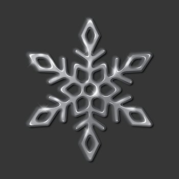 Shimmering silver snowflake with embossed effect realistic illustration. Winter season and holiday festivities 3d object on black vector