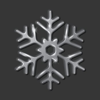 Silver snowflake with sparkling effect realistic illustration. Christmas holiday frozen decor 3d object on black background vector