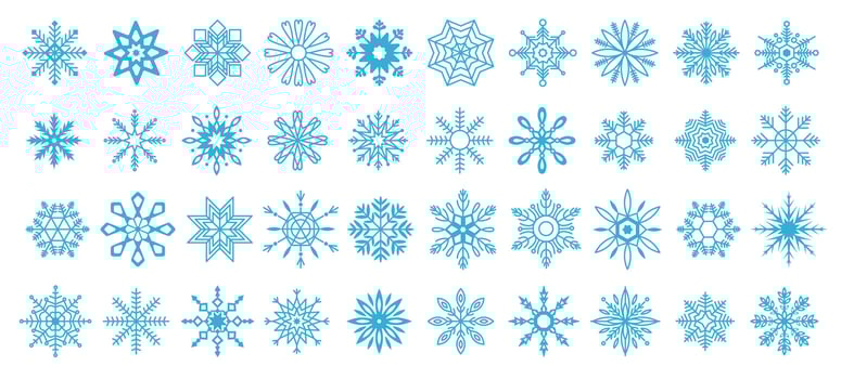 Snowflake intricate designs blue linear icons collection. Beauty and wonder of winter weather perfect for Christmas holiday objects set vector