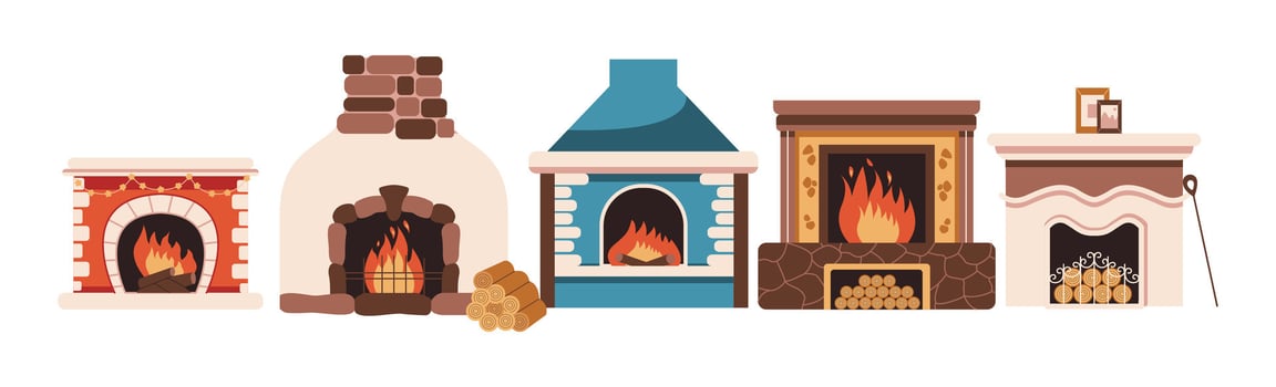 Cozy fireplaces with burning flame flat color objects set. Vintage stoves of different design for houses illustrations bundle on white vector