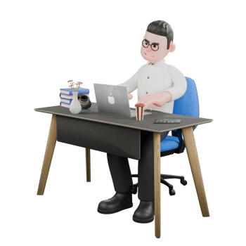 3D Producer Design. A male producer sits with a laptop on a desk while typing with both hands on the keyboard, with a focused expression. Professional Illustration png