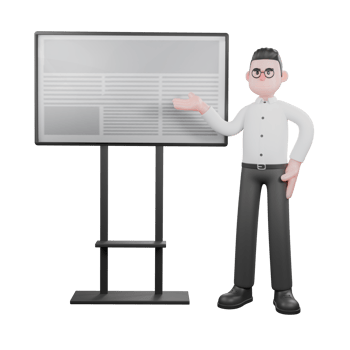 3D Producer in Action. a male producer stands beside the board with his right hand pointing to the board as if explaining. Cartoon Professional Illustration png