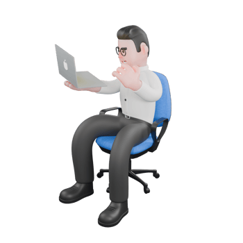 3D Cartoon Director. a male producer sits on a chair with his right hand holding a laptop while the other hand is on his chin. Professional Producer png
