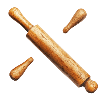 Classic wooden rolling pin with two small wooden tools on a clean transparent background for baking enthusiasts, Wooden rolling pin isolated on transparent background png