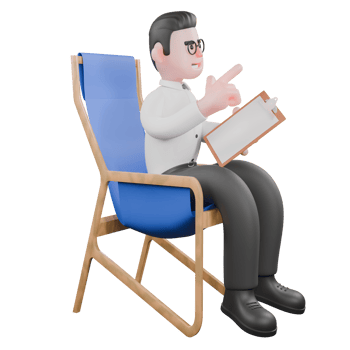Film Producer Cartoon. A male producer is sitting on a chair facing right and his left hand is carrying a clipboard and his right hand is pointing upwards. 3D Professional png