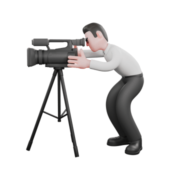 Animated Cartoon Producer. A male producer is squatting looking at the camera to the left. 3D Illustration png