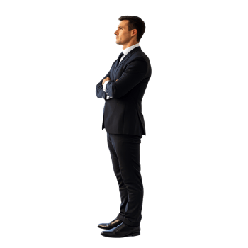 Corporate businessman in a side view stance wearing a suit, arms crossed, posing confidently against a blank background, Corporate businessman standing side view file no background png