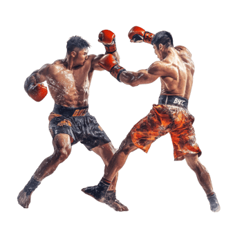 Muay Thai fighters display their skills in an intense match against a clean transparent backdrop, Muay Thai Fighters in Action on transparent background png