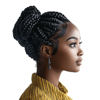 A portrait of a black African woman with intricate curly braids in a serene setting during daylight, portrait of a black african woman with curly long braids bun hair isolated on transparent background png