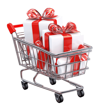 Festive Christmas gift boxes popping out from a shopping cart during the holiday shopping season, Christmas gift boxes pop out from shopping cart isolated png