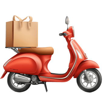 Red scooter with delivery package parked on a transparent background during the day, food delivery in scooter on transparent background png