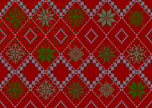 Seamless Red and Green Knitted Pattern, Snowflake Christmas Knit, Wintery Knitted Background, Festive Knitted Texture vector
