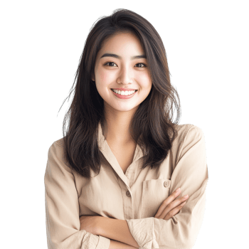 A joyful young Asian woman smiling warmly at the camera in a bright, modern space during a sunny day, Portrait of a Young modern Asian woman smiling and looking at camera isolated on transparent background png
