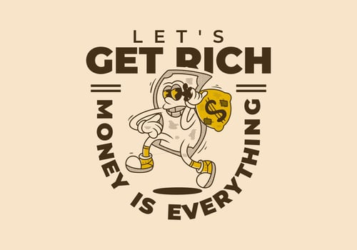 A Money mascot character holding a money bag, vintage illustration design vector