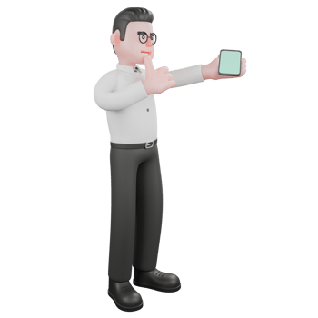 3D Movie Director. A male producer stands while taking a selfie with a handphone held in his left hand and then his right hand raises his thumb in front of his chest. Cartoon Professional Illustration png