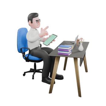 Film Scene 3D Producer. A male producer sits on his desk chair with his right hand pointing forward and his left hand holding a handphone. Cartoon Professional png