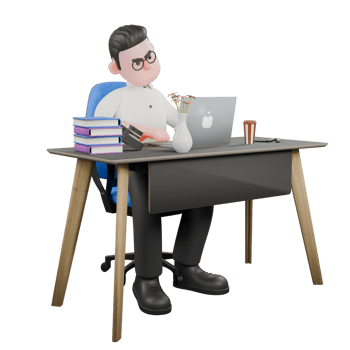 3D Animated Cartoon Producer. A male Producer sits on his desk chair while operating a labtop, his expression is anxious. Studio Style png
