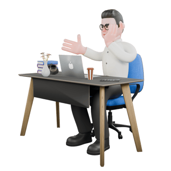 3D Model Movie Producer. A male Producer sits on his desk chair staring at his labtop while his left hand holds his cheek. Cartoon Illustration png