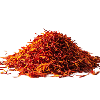 A vibrant heap of saffron spice showcasing its bright red and yellow hues against a plain background, Isolated heap of saffron spice png