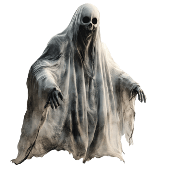 Isolated scary ghost with hollow eyes and tattered cloak hauntingly floating against a stark transparent background, Scary ghost isolated on transparent background png