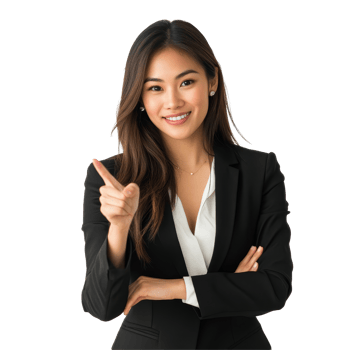 Confident Asian businesswoman gesturing and pointing in a bright office setting during a strategic meeting, Confident Asian Businesswoman Pointing Something on transparent background png