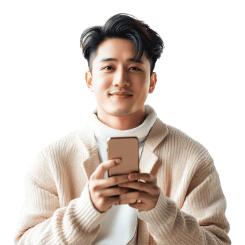 Attractive young Asian man smiling while using a mobile device in bright indoor setting, Attractive young smart Asian man using mobile smart phone transparent background png