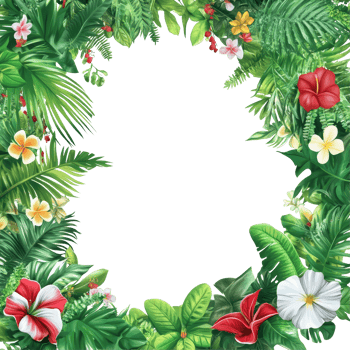 A vibrant tropical foliage frame featuring lush greenery and colorful flowers, Tropical foliage plant bush nature frame layout of Fish transparent png