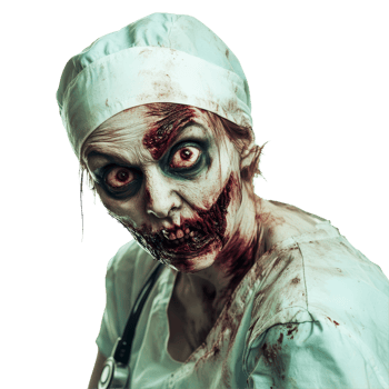 A terrifying zombie nurse emerges against a stark transparent background, showcasing horror and healthcare combined, Zombie nurse isolated on transparent background png