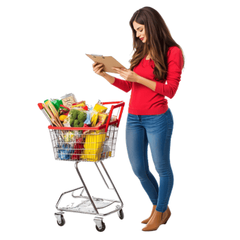 Woman organizing groceries in a shopping cart while checking a shopping list in a bright store setting, file no background Woman with full shopping cart writing a list png