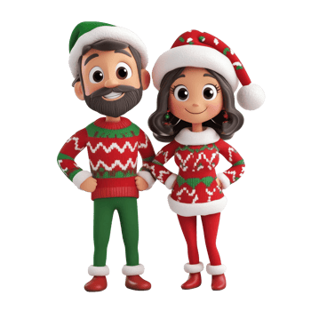 Festive cartoon couple wearing Christmas sweaters and hats against a bright transparent background, 3D Cartoon Couple in Festive Christmas Attire on transparent background png