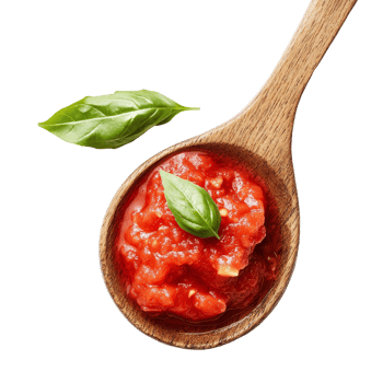 Wooden spoon filled with fresh tomato sauce and basil leaves on a transparent background, Wooden Spoon with Tomato Sauce on transparent background png
