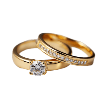 Engagement gold rings with gemstone on a transparent background showcasing love and commitment in a romantic setting, couple engagement gold ring transparent background png