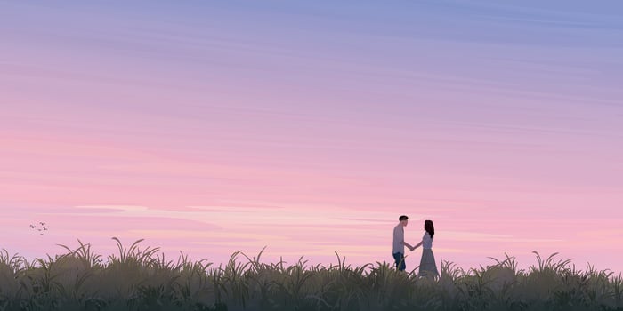 Silhouette grass field landscape with couple of lover hand holding together graphic illustration have blank space at twilight sky background. Valentine's day greeting card template. vector