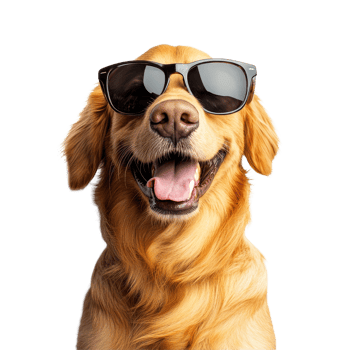 Happy golden retriever dog wearing sunglasses, smiling brightly against a transparent background, Happy Golden Retriever Dog Wearing Sunglasses on transparent background png