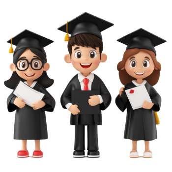 Cartoon students celebrate graduation with diplomas in caps and gowns on a bright transparent background, 3D Cartoon Students Graduaded On transparent background png