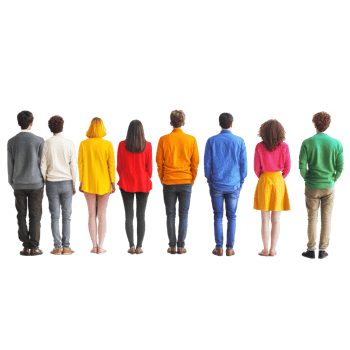 A diverse group of people standing in colorful outfits against a transparent background, showcasing unity through diversity in fashion and style, Colorful Diversity Line of People on transparent background png