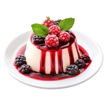 Gourmet mousse dessert topped with fresh berries and berry sauce on a transparent plate, Isolated gourmet mousse dessert with berry sauce png