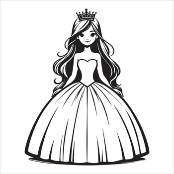 Princess Coloring Illustration, Beautiful Cartoon Princess Coloring Page For Kids vector