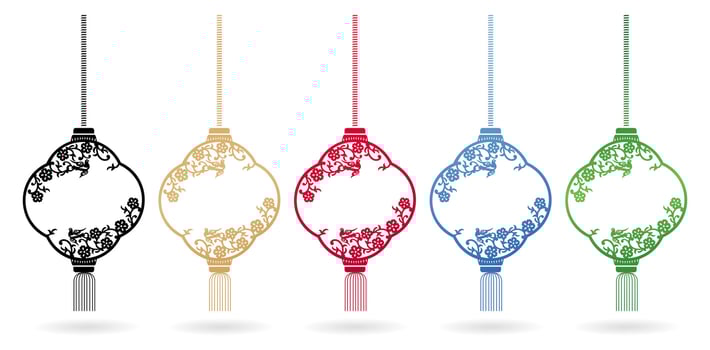 five color hanging chinese lanterns element with cherry blossom and birds ornaments isolated white backgrounds for accessories, invitation birthday cards, gift paper, screen printing glass and acrylic vector