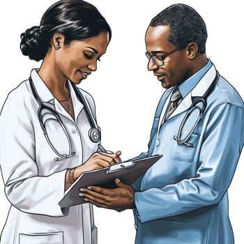 Healthcare professionals collaborating on patient assessment in a clinical setting, file no background Doctor checking patient's medical records png