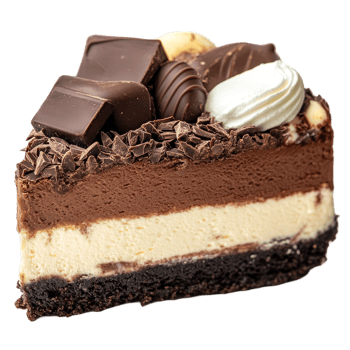 Indulge in a rich slice of three chocolates cheesecake served on a pristine transparent plate, Slice of three chocolates cheesecake png
