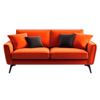 Bright orange sofa with black cushions set against a clean, transparent backdrop for modern interior design inspiration, sofa isolated on transparent background png