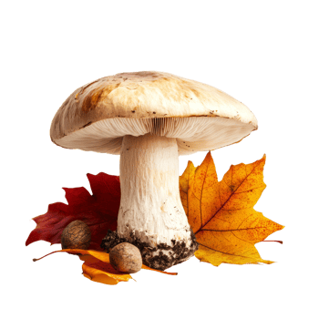 A beautiful mushroom surrounded by colorful autumn leaves on a bright transparent background, mushroom with autumn leaves transparent background png
