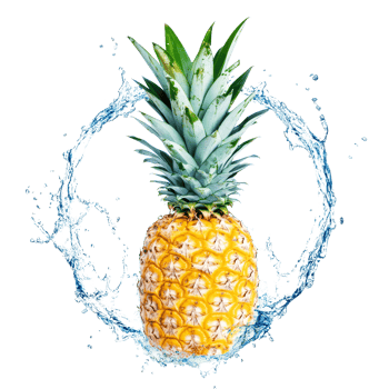 A fresh pineapple surrounded by a dynamic water splash in circular formation against a clean background, Pineapple with water splash in circle shape isolated png