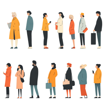 Diverse group of people standing in line at a vibrant location waiting for an event in the afternoon, Diverse people standing and waiting png