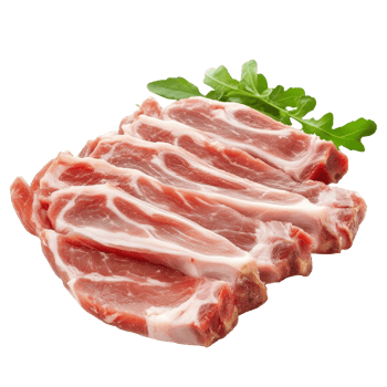 Freshly sliced pork meat with garnish on a clean transparent background ready for cooking or serving, Meat, pork, slices pork on transparent background png
