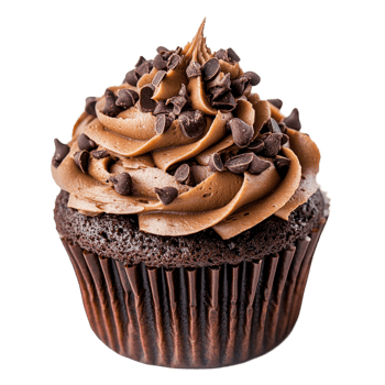 Indulge in a decadent chocolate mud cupcake topped with creamy frosting and chocolate chips, perfect for any dessert occasion, chocolate mud cupcake isolated on transparent background png