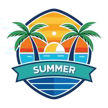summer logo with palm trees and sunset vector