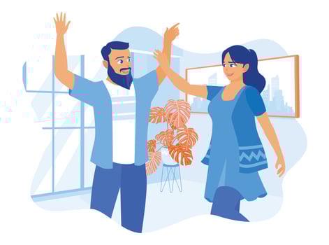 Male and female workers give each other high fives in the office. Celebrate success together. Office work concept. vector